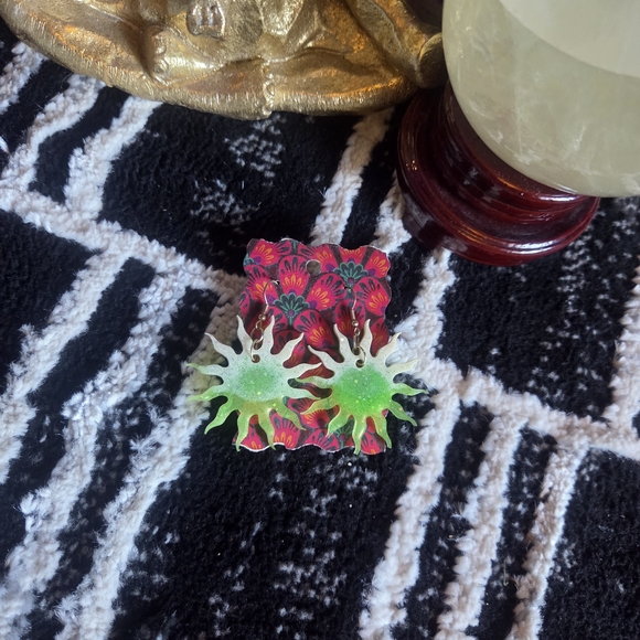 Handmade Green and White Sun Resin Glow In The Dark Earrings - Picture 7 of 7